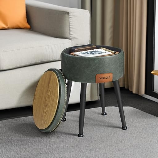 Forest Green Round Stitched Faux Leather Storage Ottoman