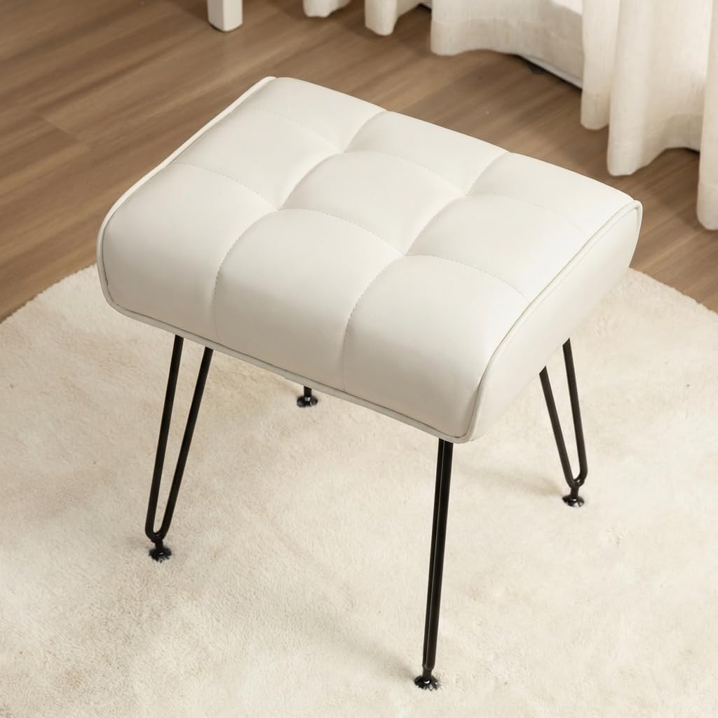 Cream White PU Leather Metal Leg Vanity Stool