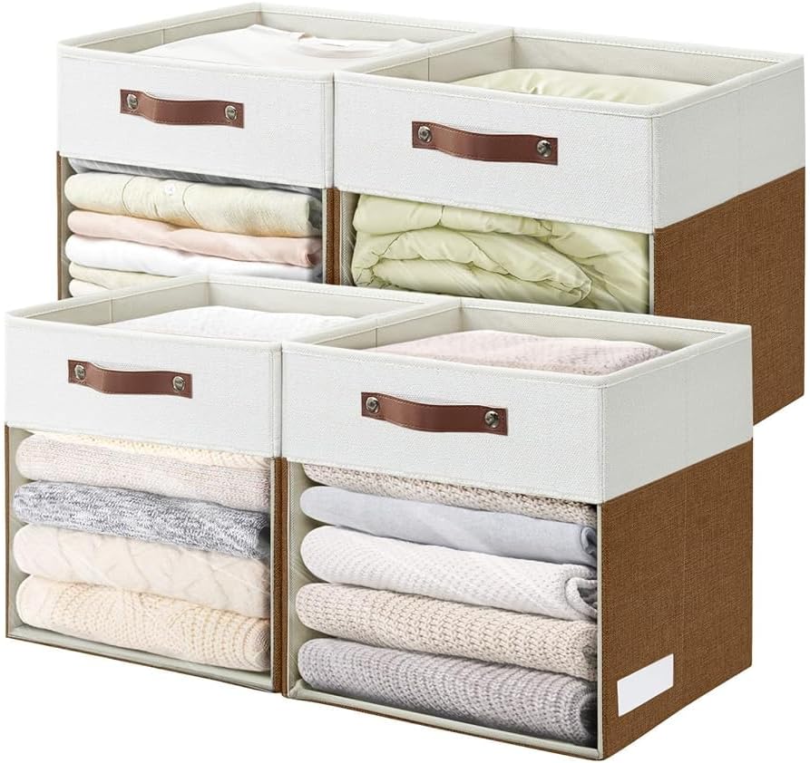 4 Pack Brown White Linen Storage Cubes With Clear Window