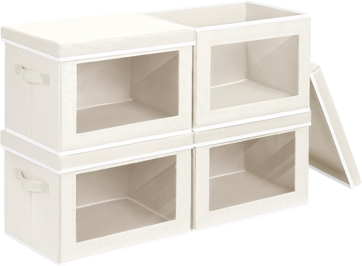 4 Pack Beige Lidded Fabric Storage Bins With Window