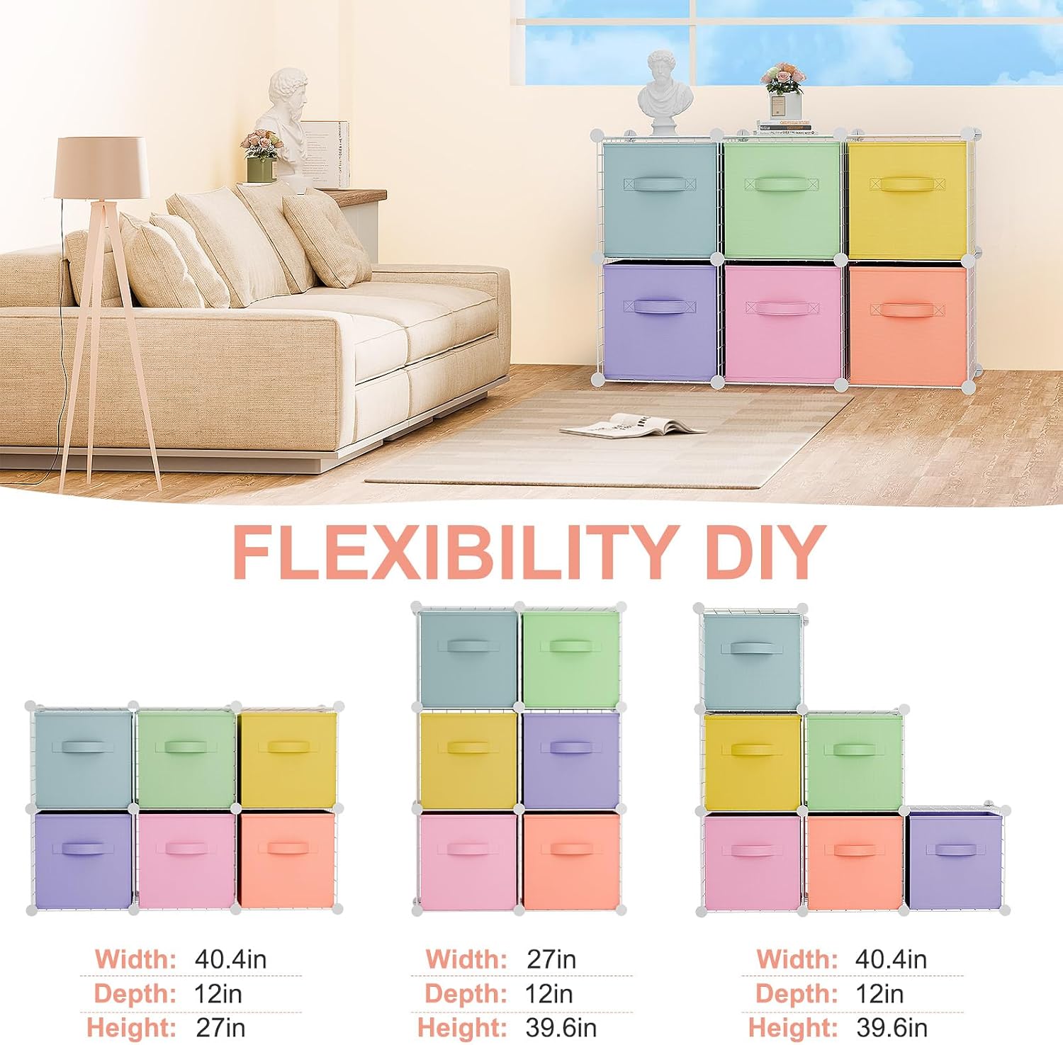 6 Cube White Modular Storage Organizer With Fresh Color Fabric Bins