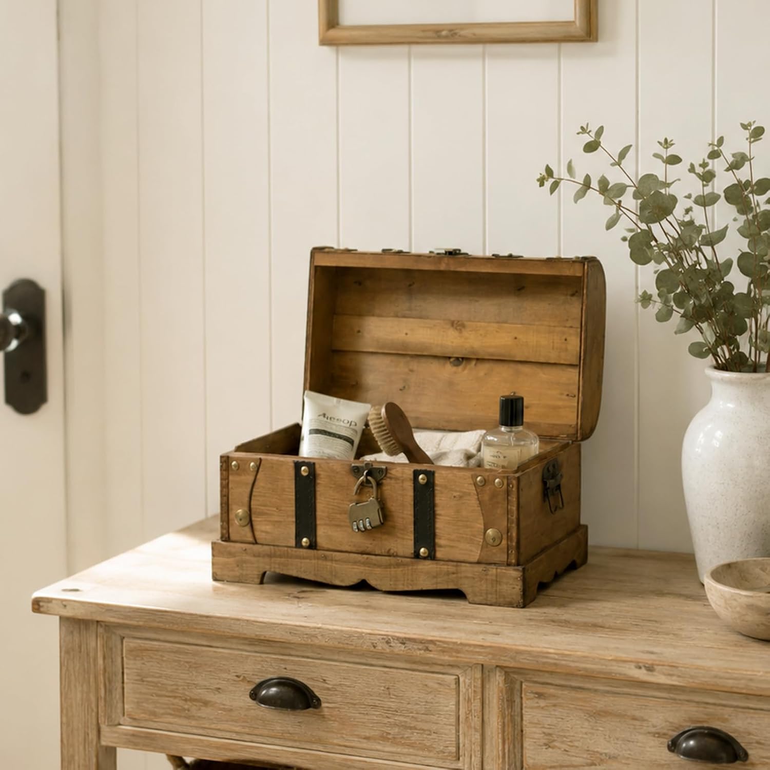 Brown Vintage Lockable Wooden Treasure Chest