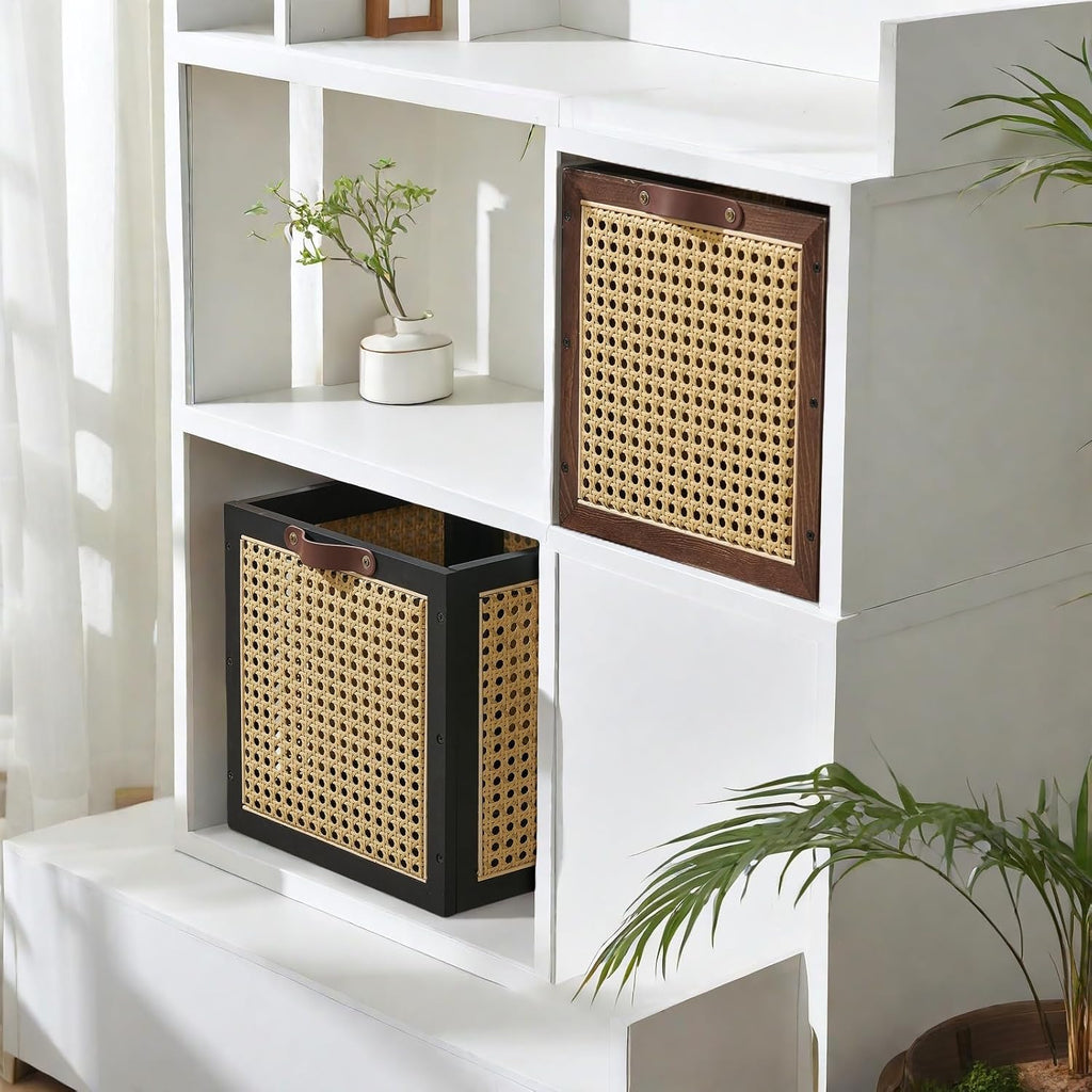 Walnut Wood Rattan Woven Storage Cube Bin