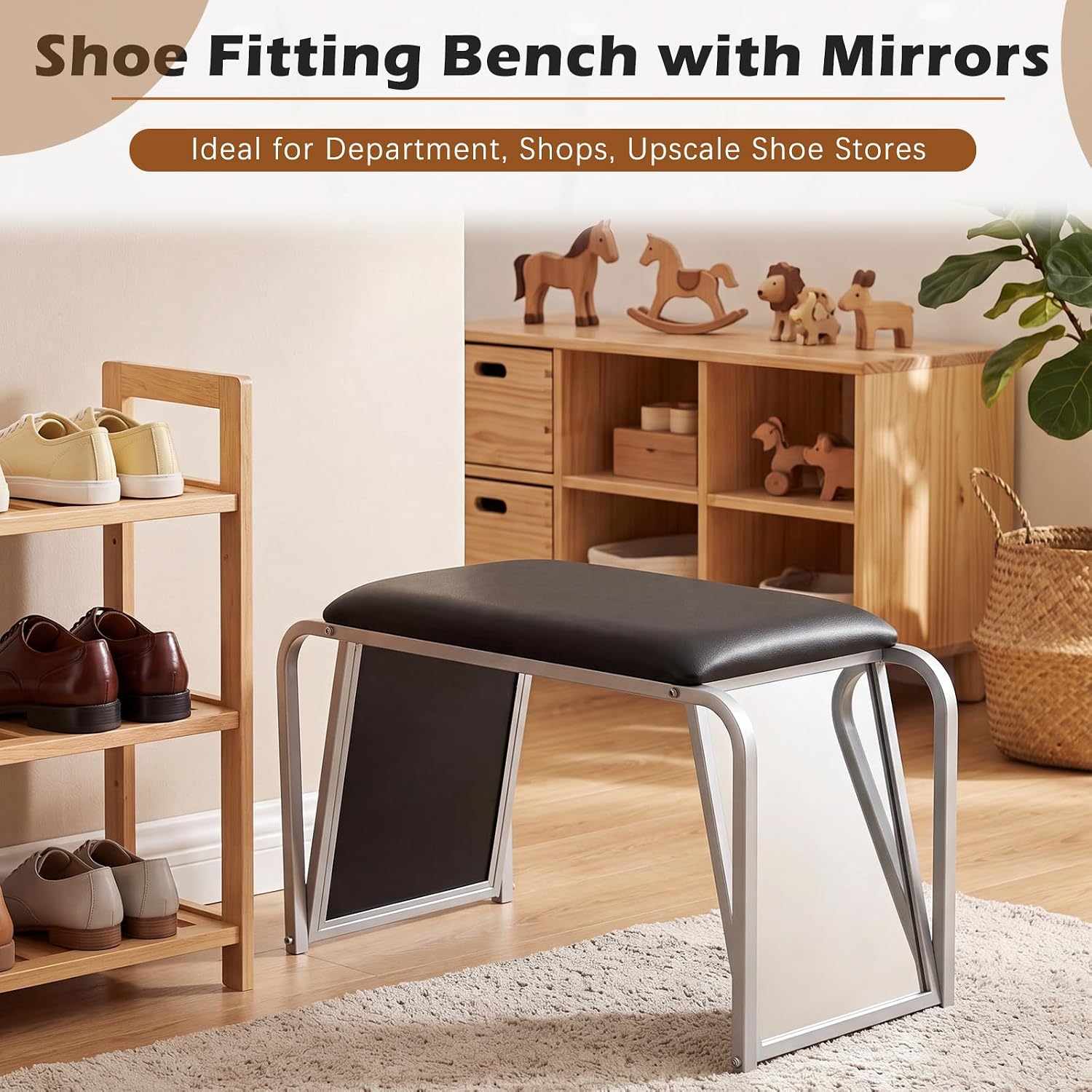 PU Leather Padded Shoe Fitting Bench With Dual Mirrors