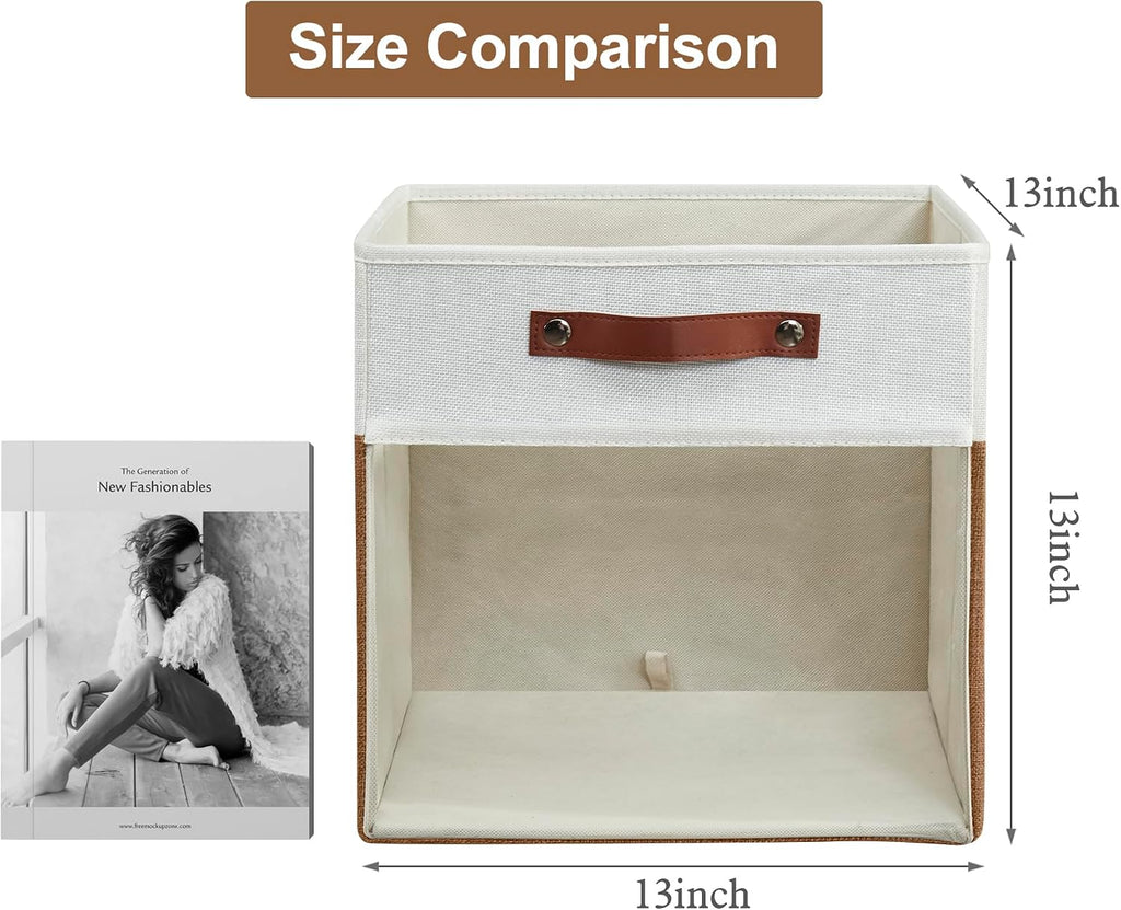 4 Pack Brown White Linen Storage Cubes With Clear Window