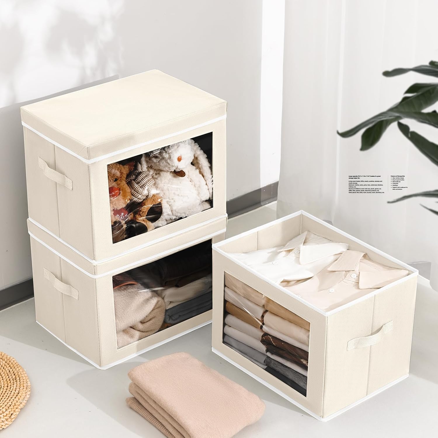 4 Pack Beige Lidded Fabric Storage Bins With Window