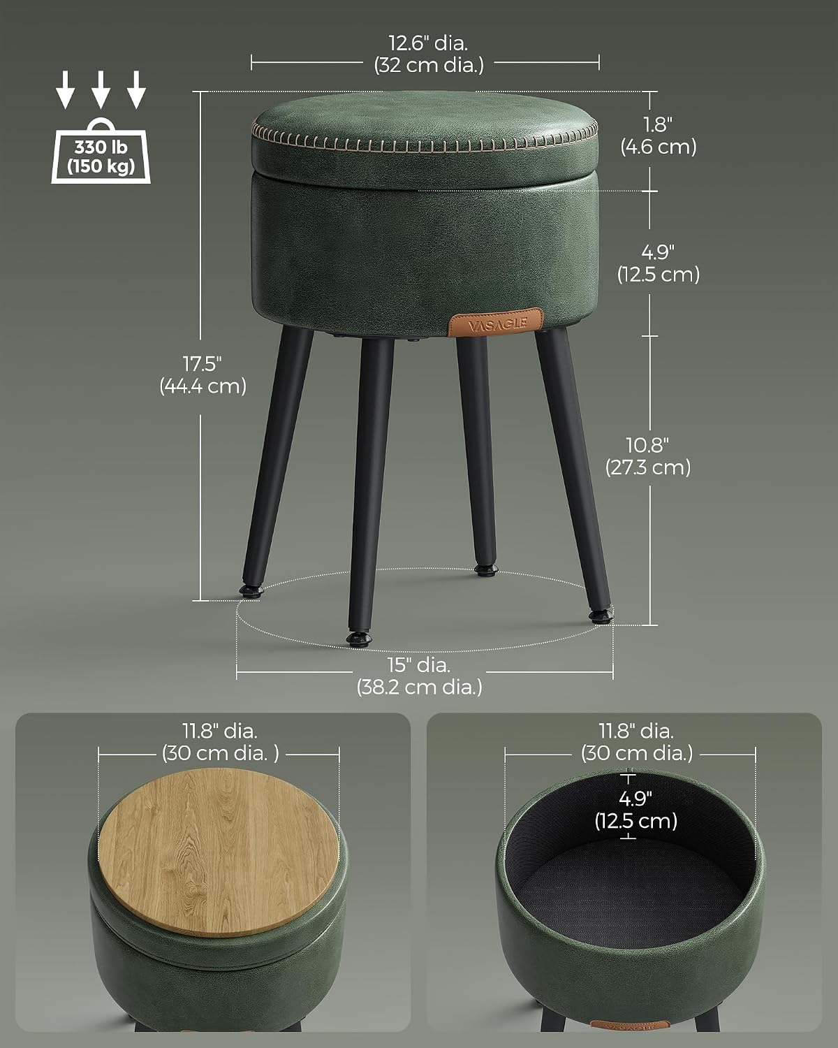 Forest Green Round Stitched Faux Leather Storage Ottoman
