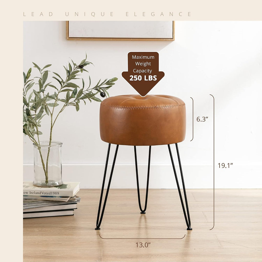 Brown Tufted Metal Leg Faux Leather Vanity Stool