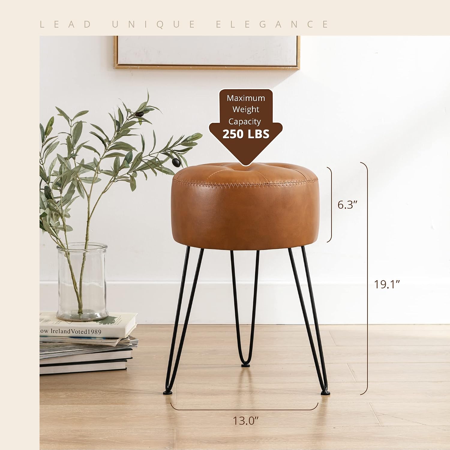 Brown Tufted Metal Leg Faux Leather Vanity Stool