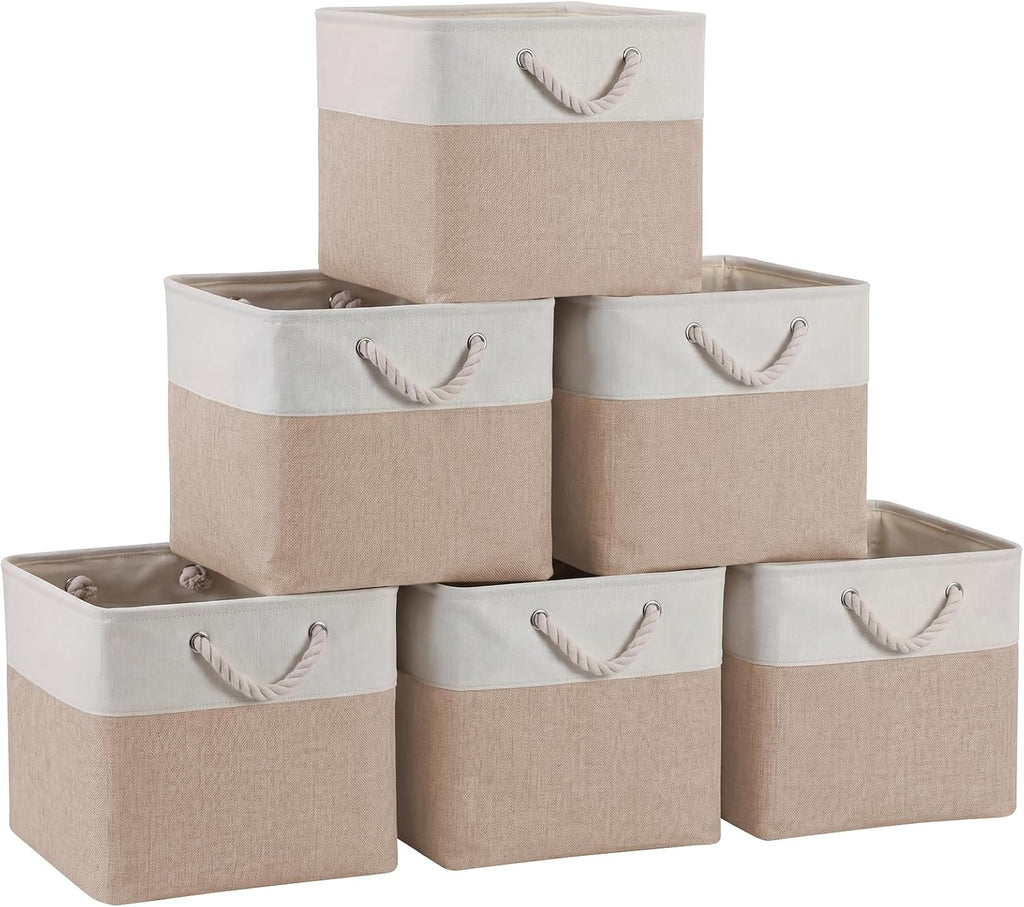 6 Pack White & Beige Collapsible Fabric Storage Cubes