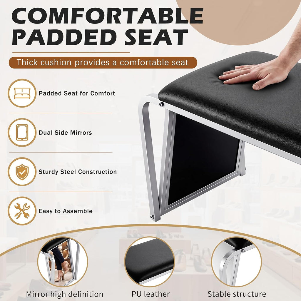 PU Leather Padded Shoe Fitting Bench With Dual Mirrors