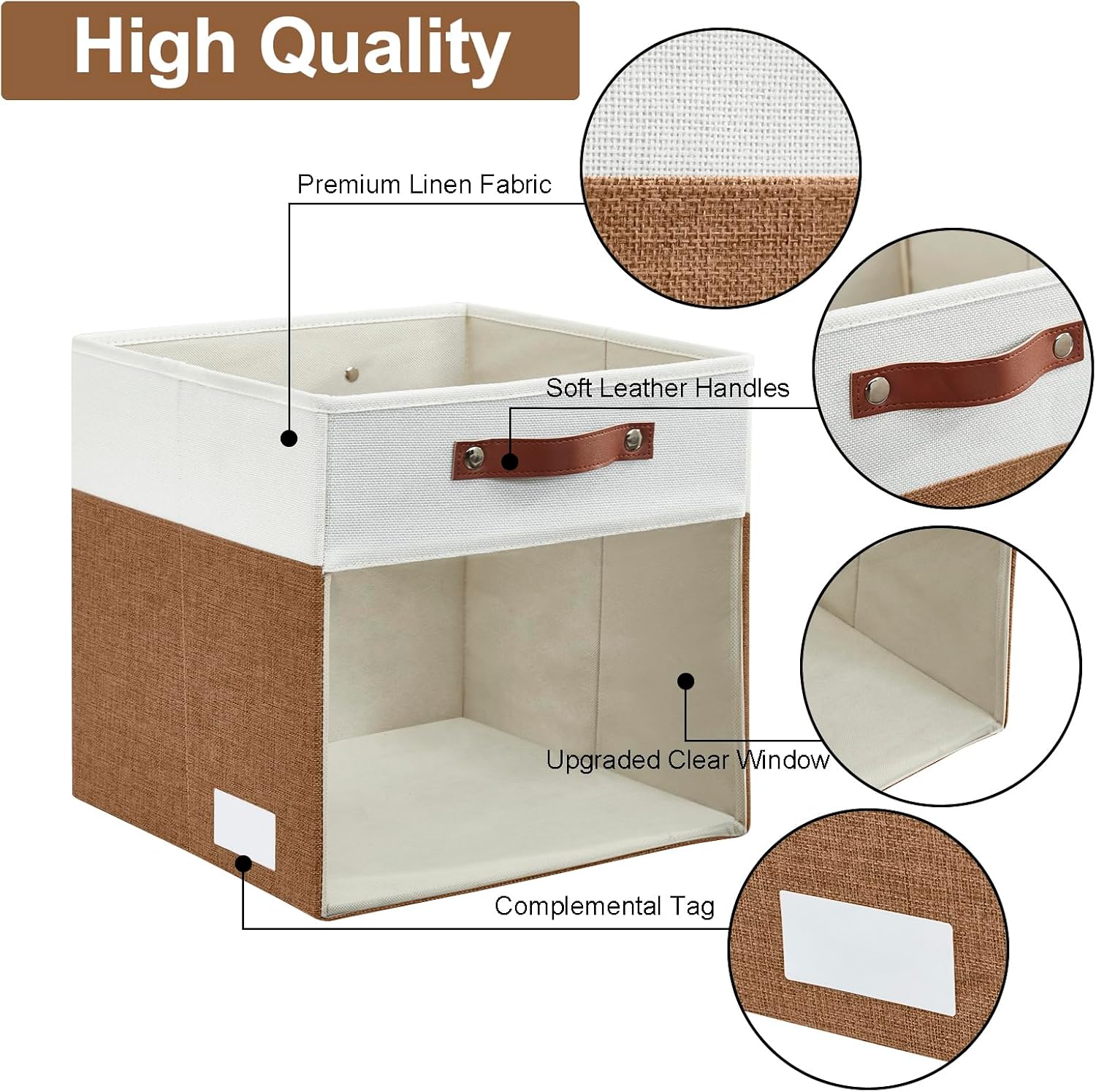 4 Pack Brown White Linen Storage Cubes With Clear Window