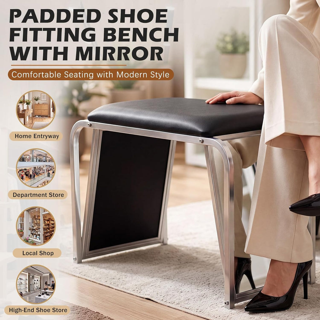 PU Leather Padded Shoe Fitting Bench With Dual Mirrors