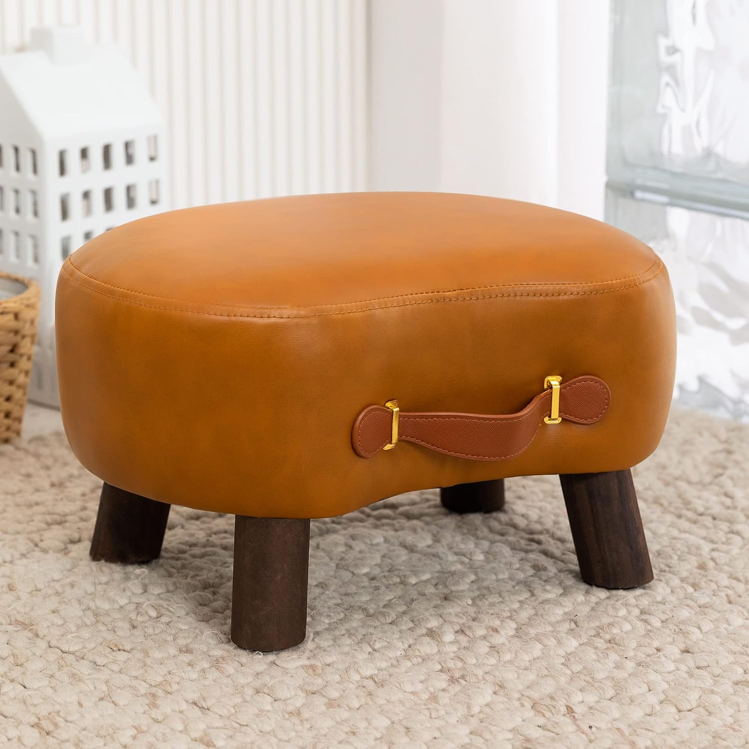 Whisky Brown Velvet Curved Wooden Leg Foot Stool