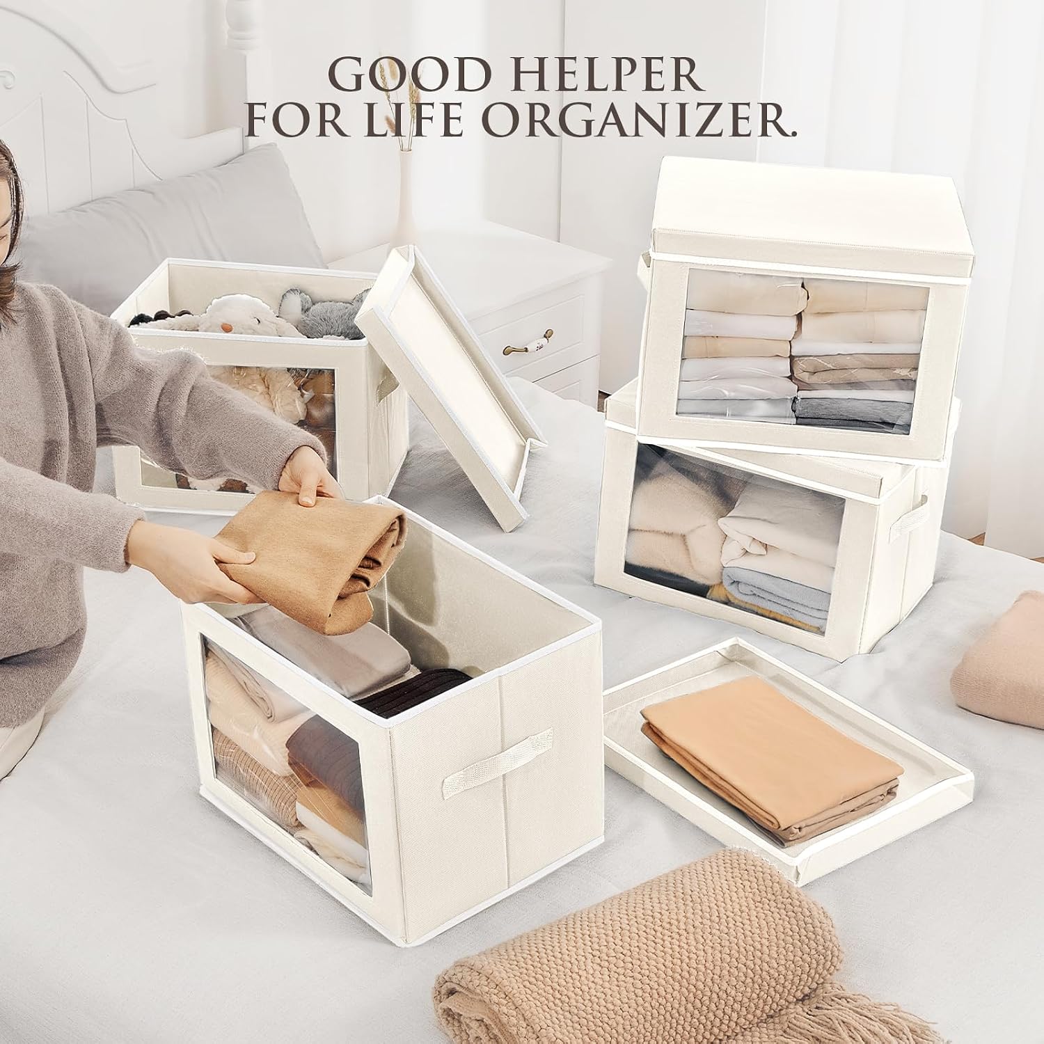 4 Pack Beige Lidded Fabric Storage Bins With Window
