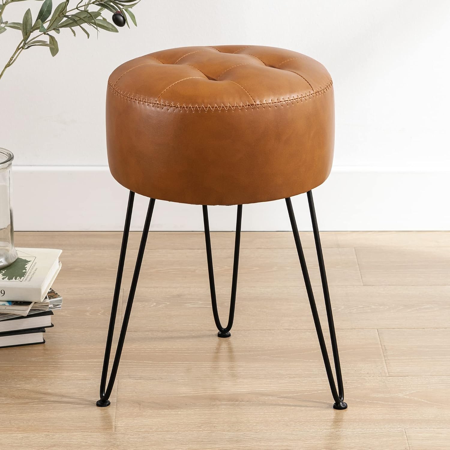 Brown Tufted Metal Leg Faux Leather Vanity Stool