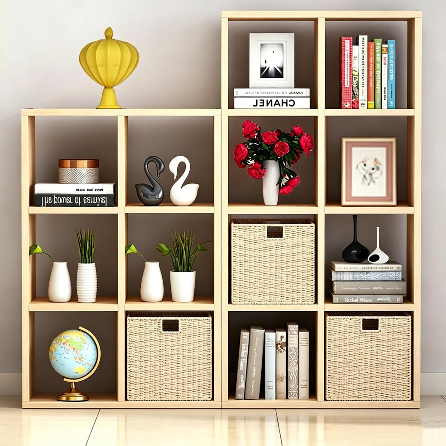 2 Pack Beige Foldable Wicker Cube Storage Baskets