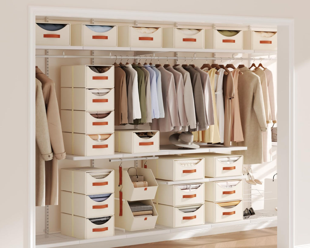 4 Pack Beige Stackable Pull Out Fabric Storage Drawers