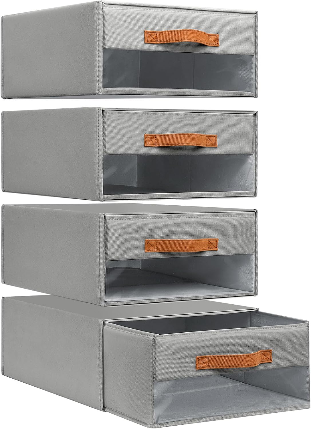 4 Pack Grey Stackable Fabric Storage Drawers With Clear Window