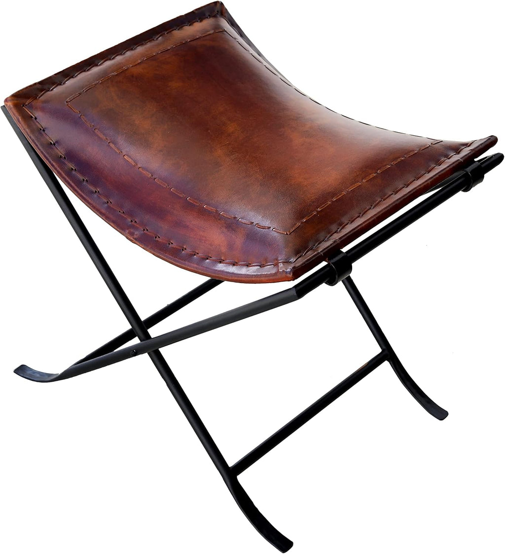 Brown Stitched Classical Leather Stool Bench
