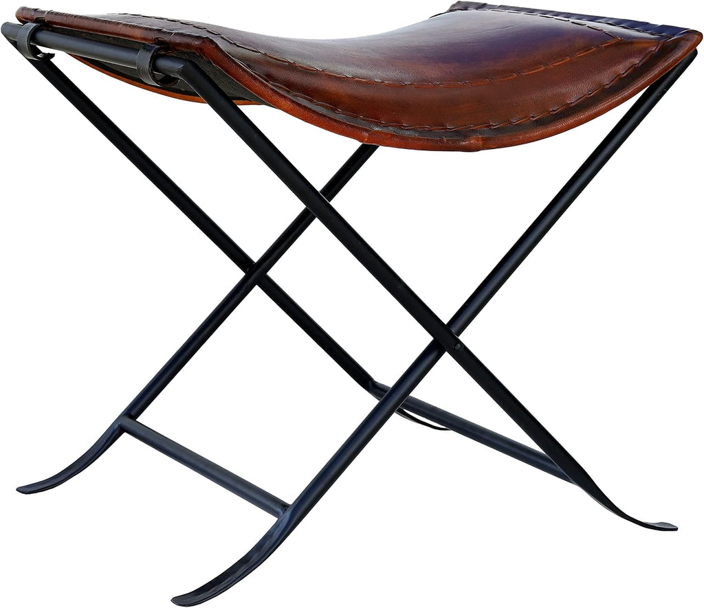 Brown Stitched Classical Leather Stool Bench