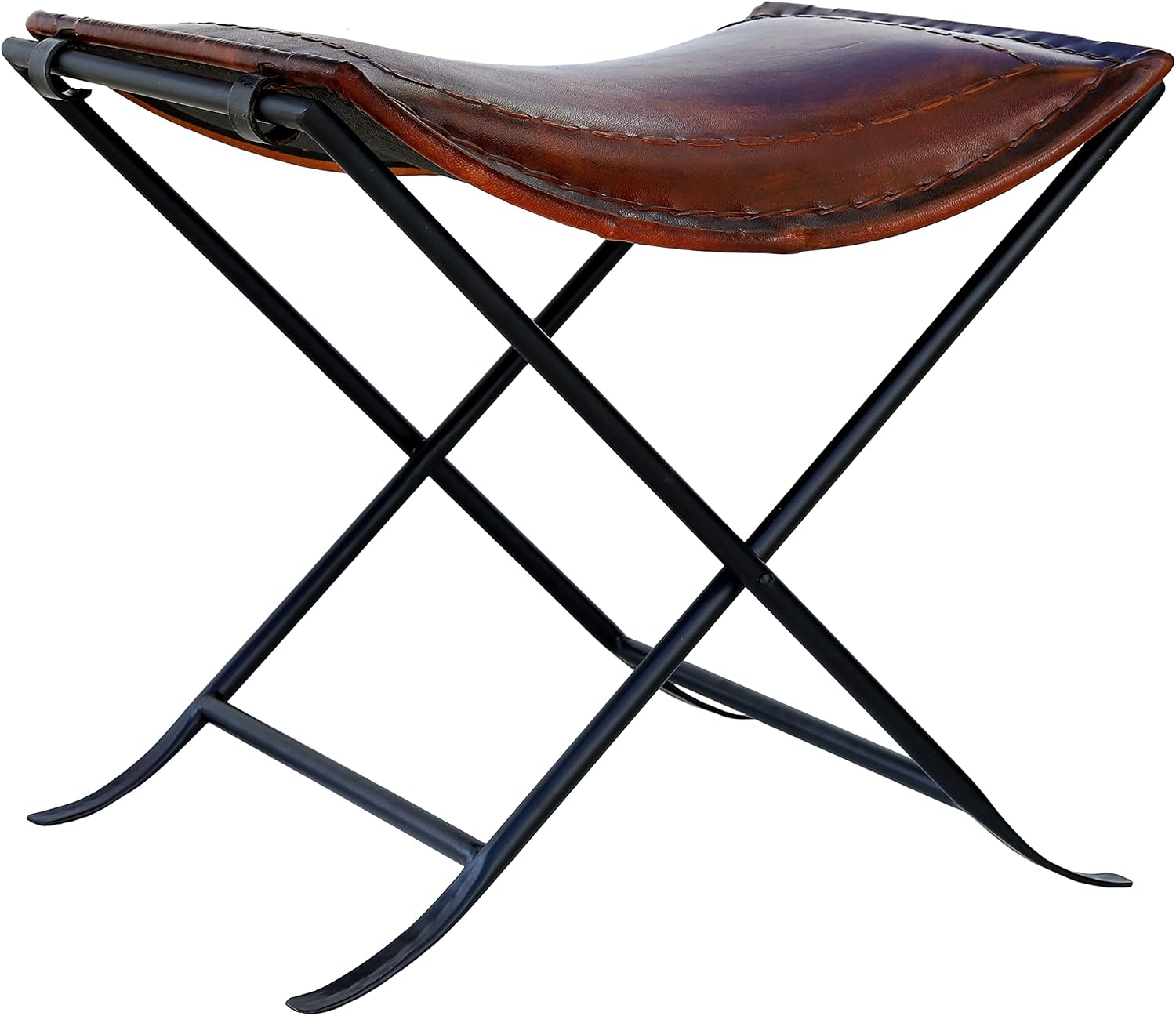 Brown Stitched Classical Leather Stool Bench