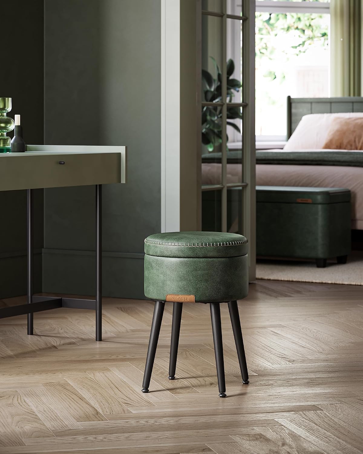 Forest Green Round Stitched Faux Leather Storage Ottoman