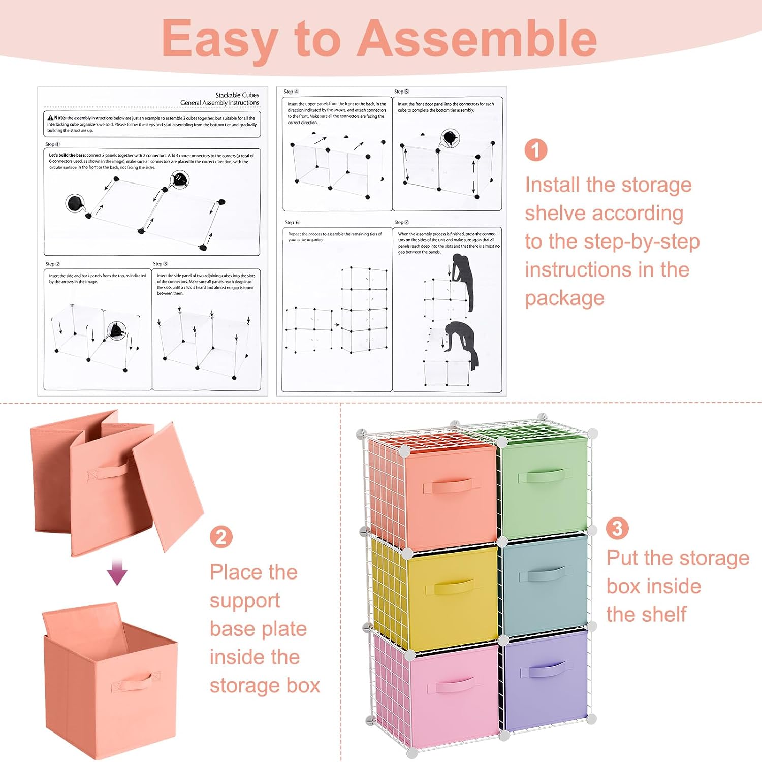 6 Cube White Modular Storage Organizer With Fresh Color Fabric Bins
