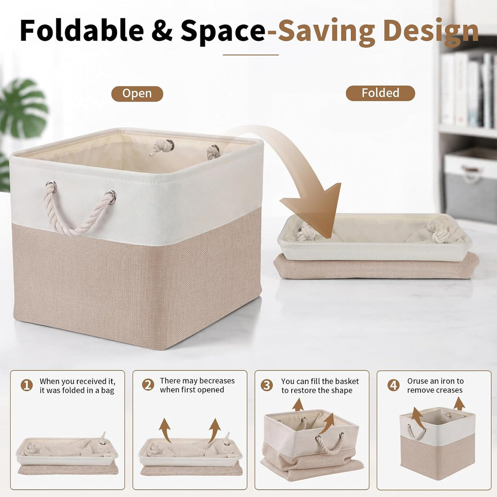 6 Pack White & Beige Collapsible Fabric Storage Cubes
