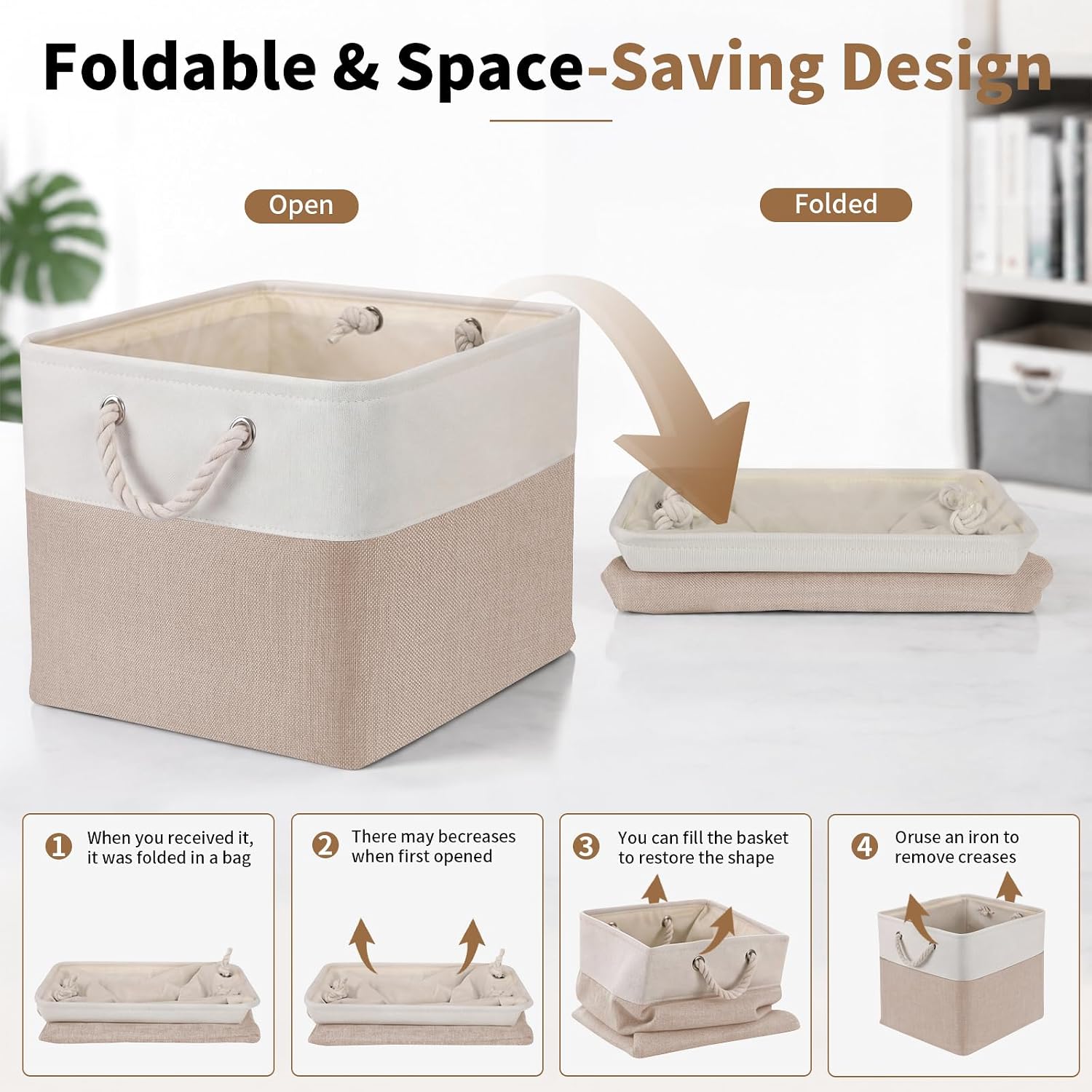 6 Pack White & Beige Collapsible Fabric Storage Cubes
