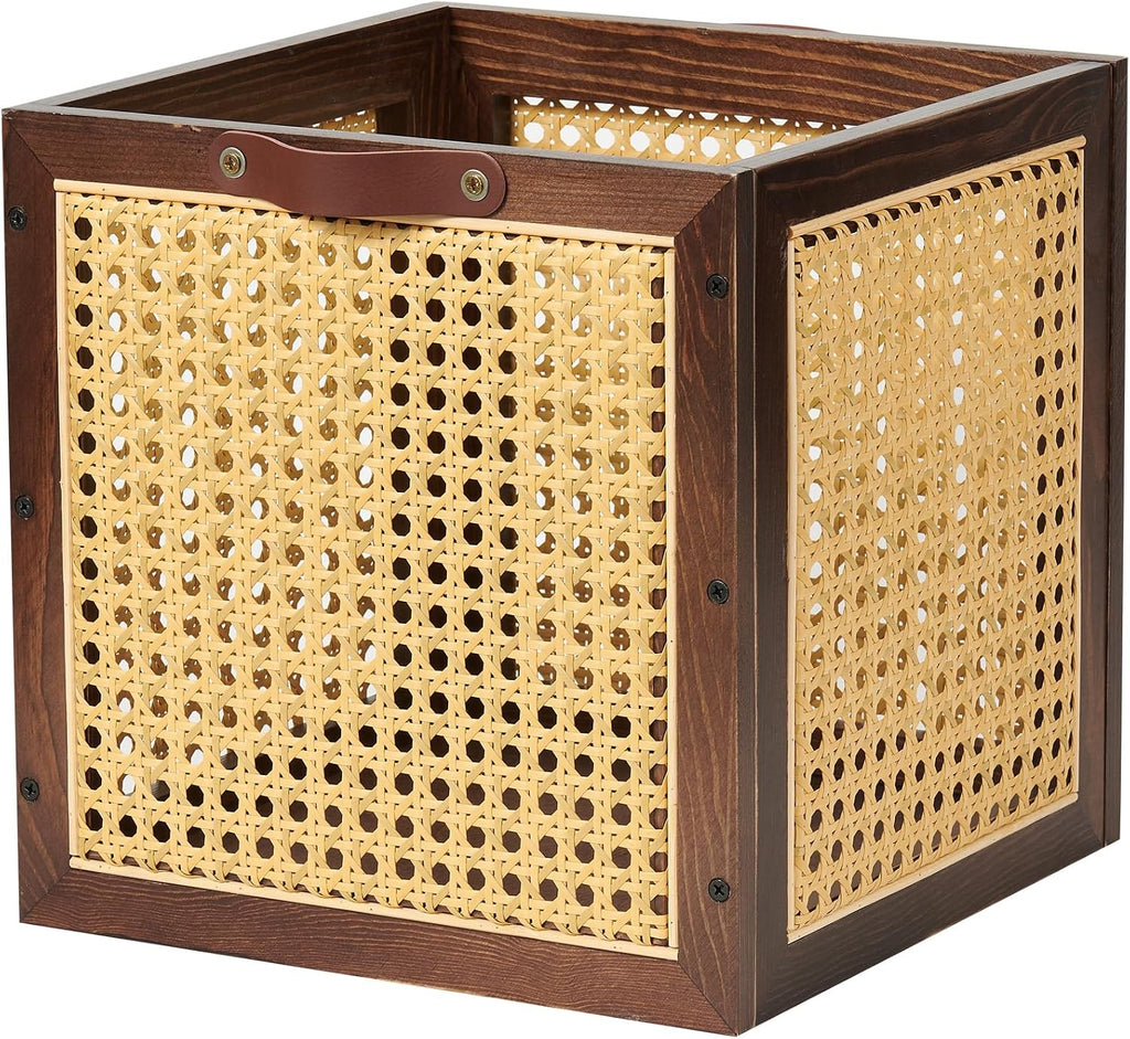 Walnut Wood Rattan Woven Storage Cube Bin