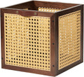 Walnut Wood Rattan Woven Storage Cube Bin