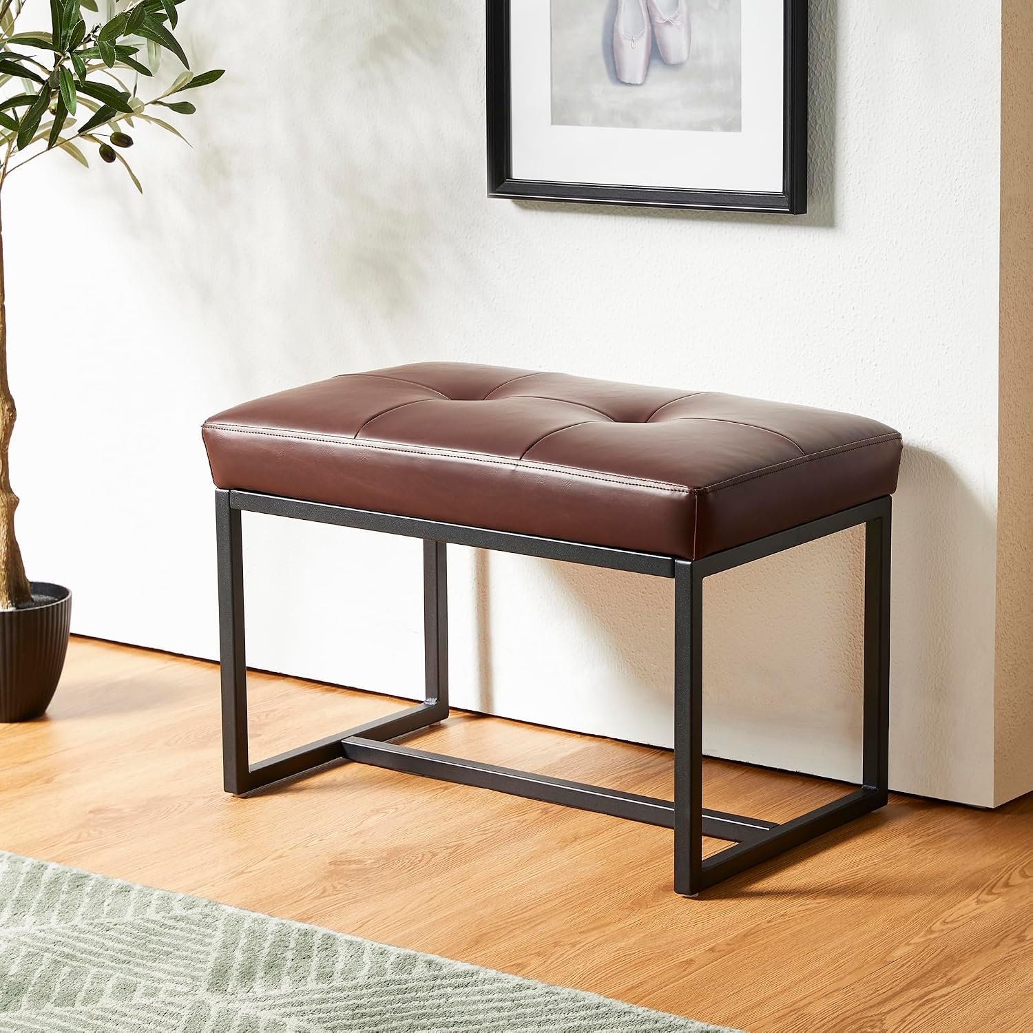 Brown PU Leather Metal Frame Vanity Ottoman Stool