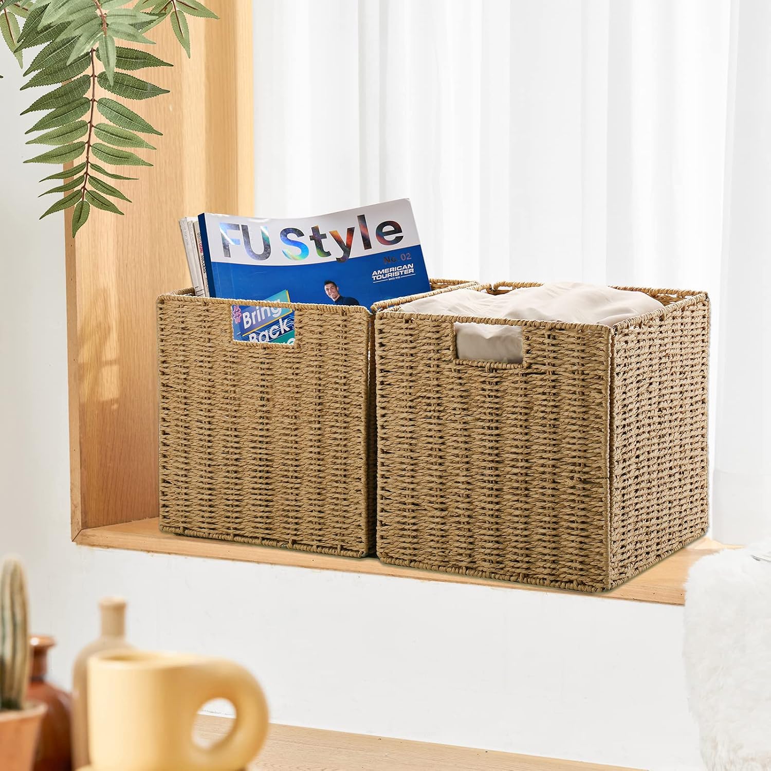 2 Pack Large Foldable Wicker Cube Storage Baskets