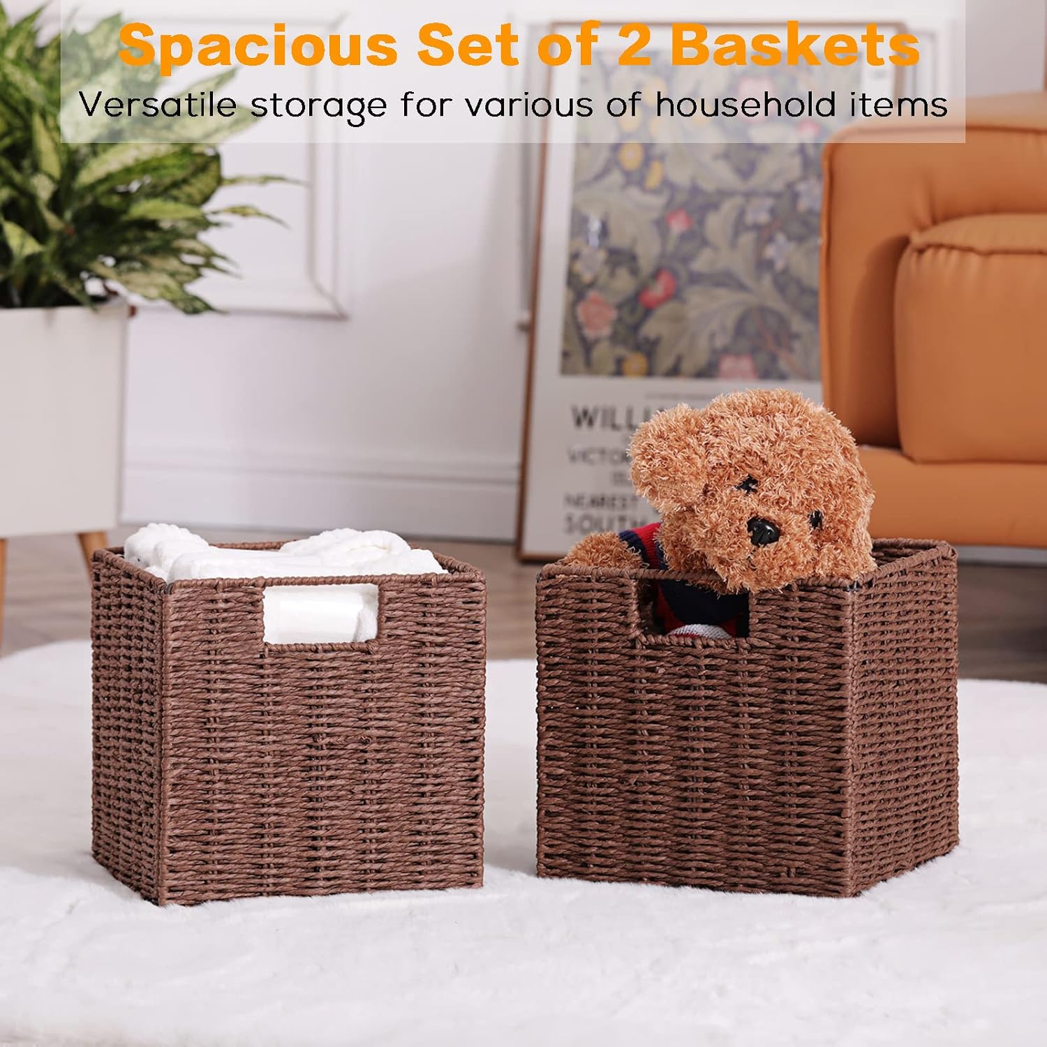 2 Pack Brown Small Wicker Cube Storage Baskets