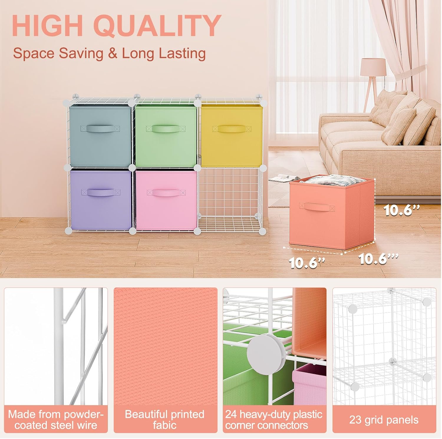 6 Cube White Modular Storage Organizer With Fresh Color Fabric Bins