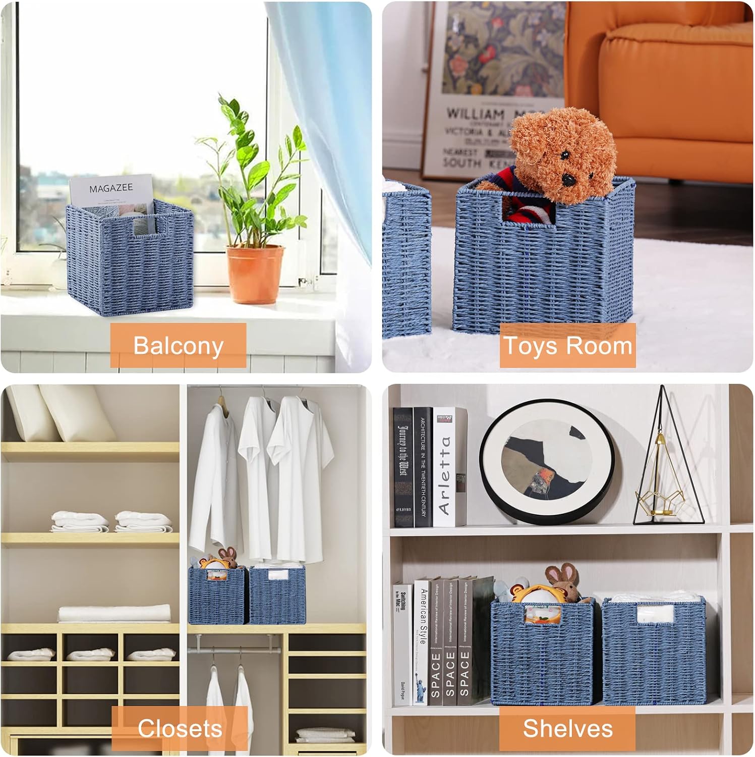 2 Pack Blue Foldable Large Wicker Cube Storage Baskets
