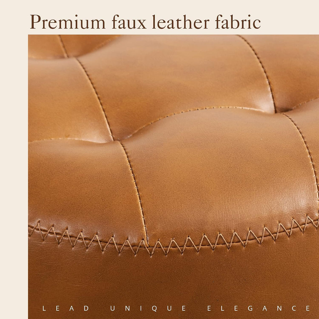 Brown Tufted Metal Leg Faux Leather Vanity Stool