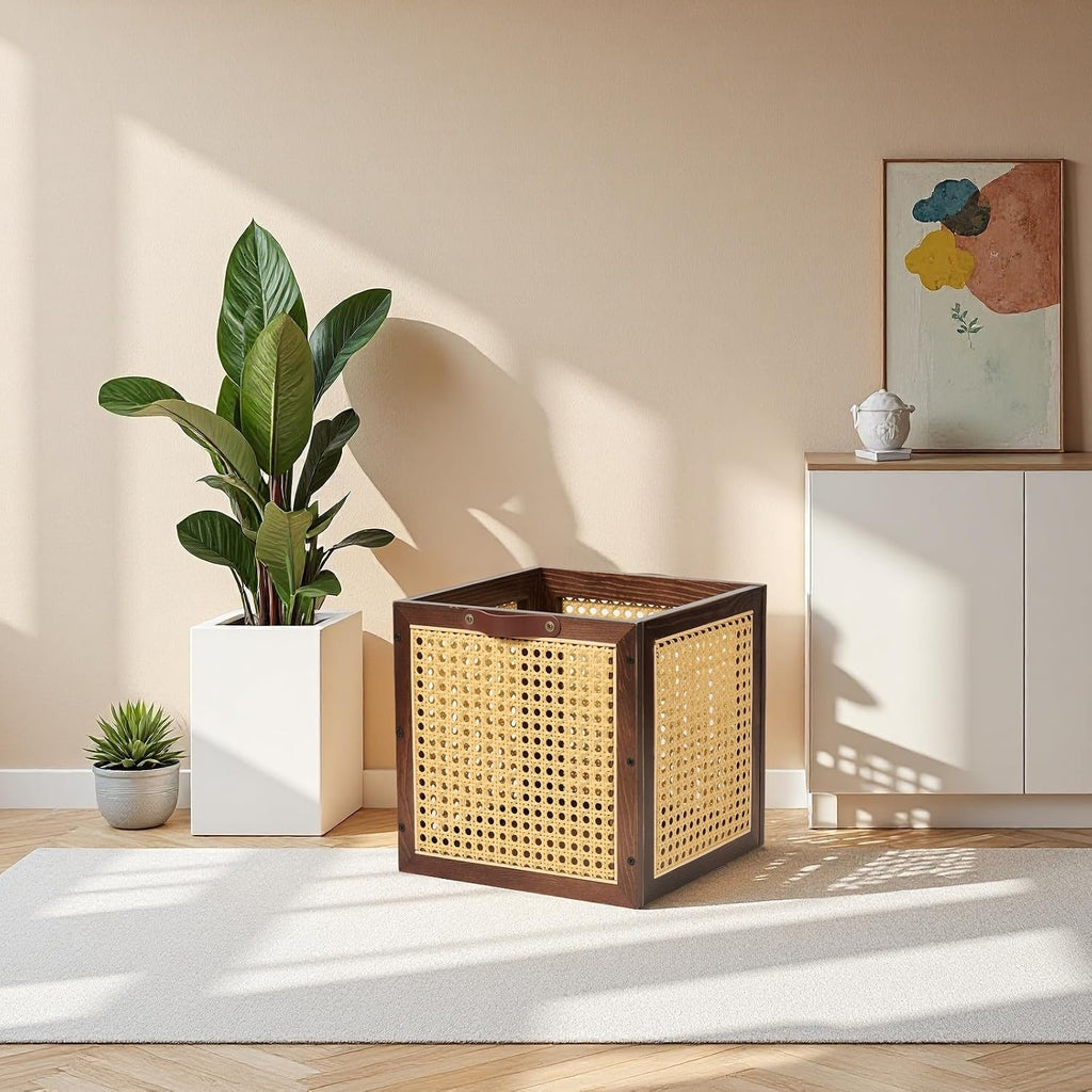 Walnut Wood Rattan Woven Storage Cube Bin