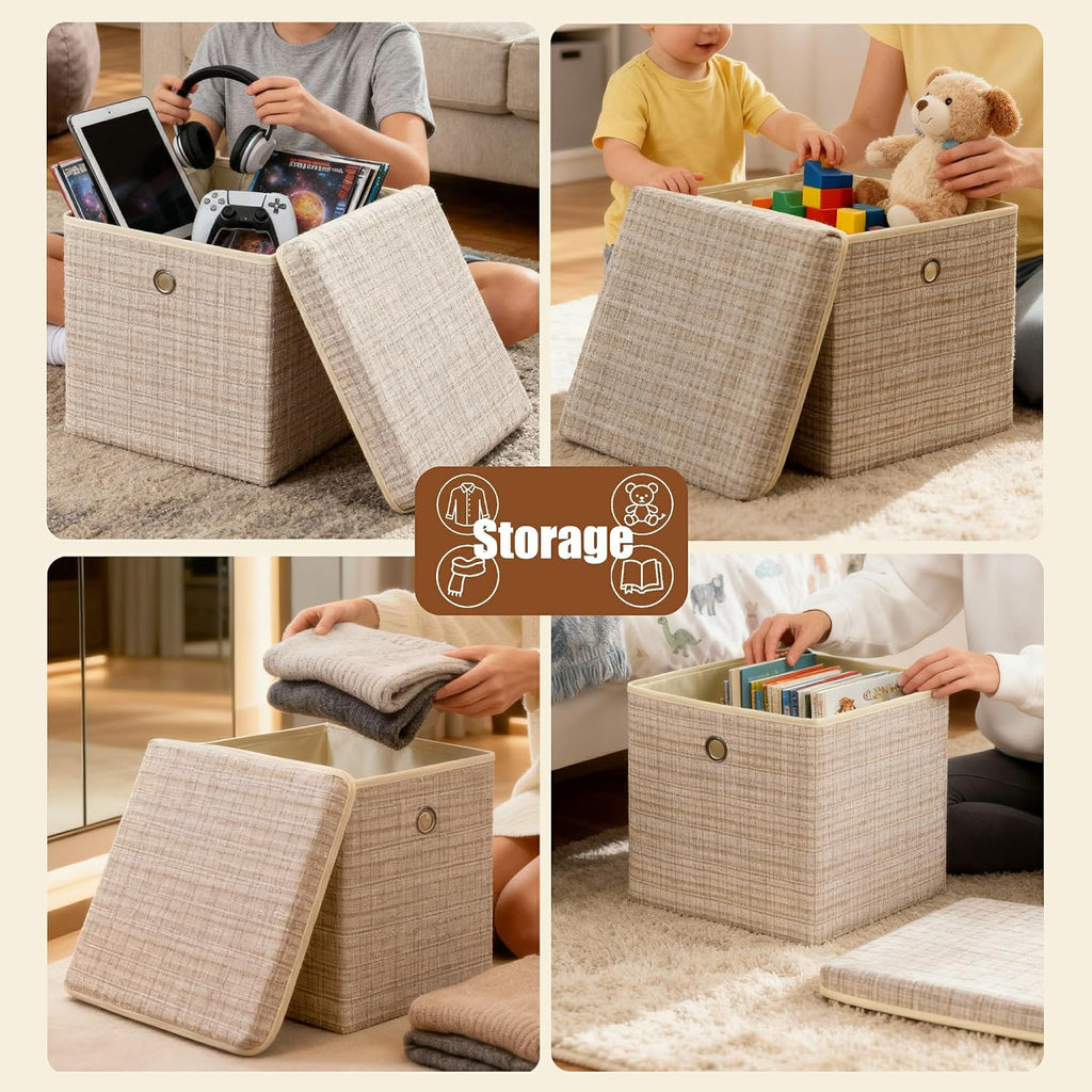 4 Pack Shining Beige Lidded Collapsible Fabric Storage Cubes