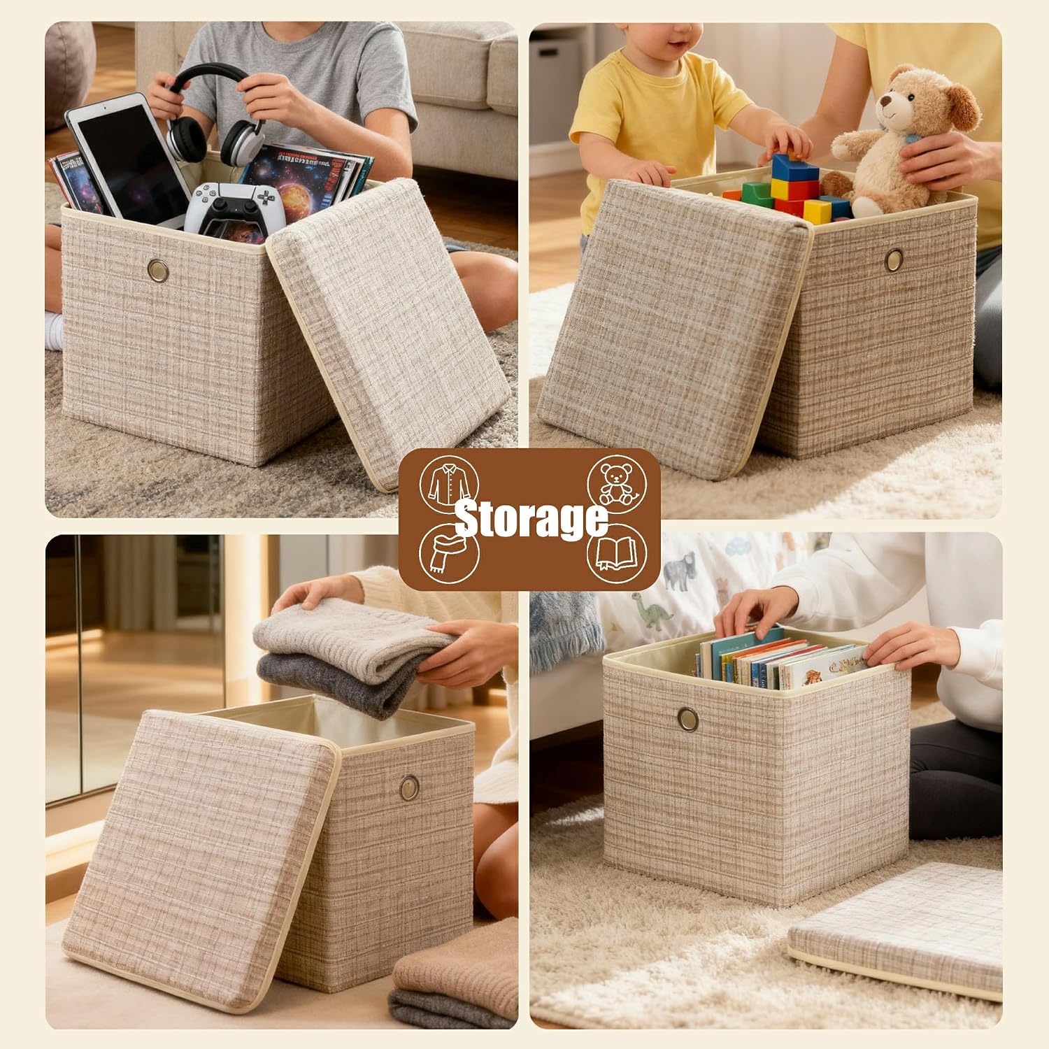 4 Pack Shining Beige Lidded Collapsible Fabric Storage Cubes