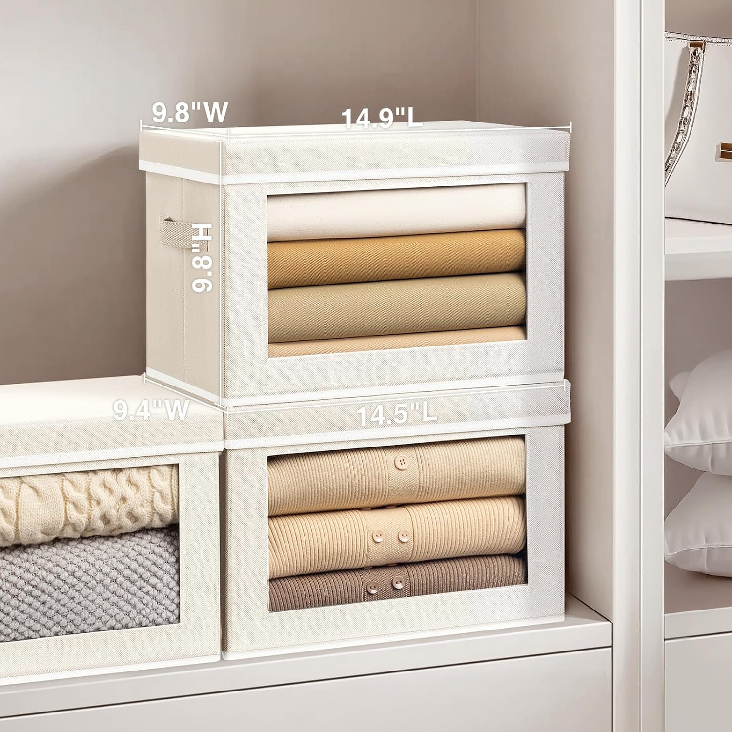4 Pack Beige Lidded Fabric Storage Bins With Window