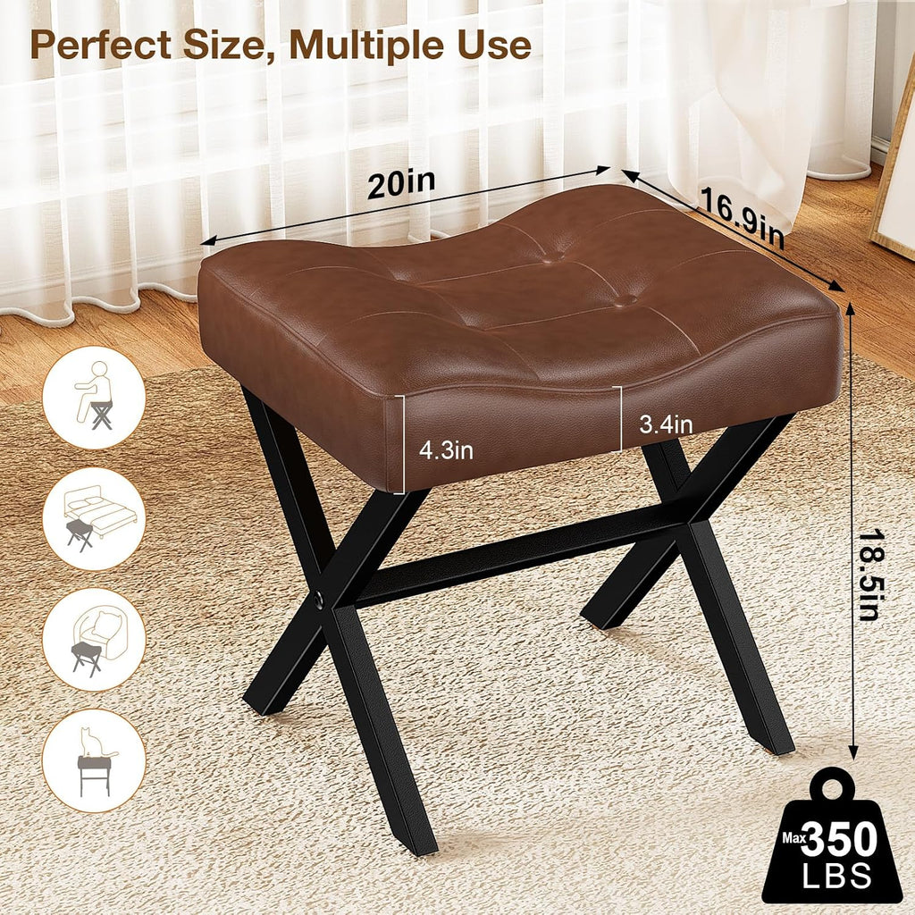 Dark Brown Large Leather X-Leg Vanity Stool