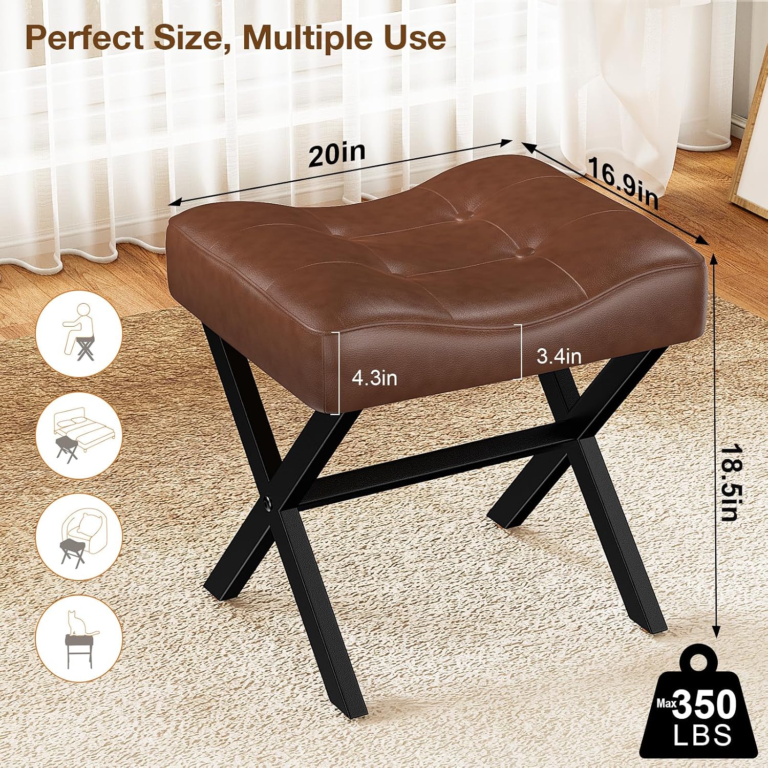 Dark Brown Large Leather X-Leg Vanity Stool