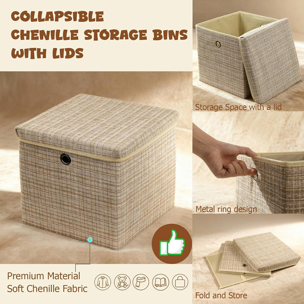 4 Pack Shining Beige Lidded Collapsible Fabric Storage Cubes