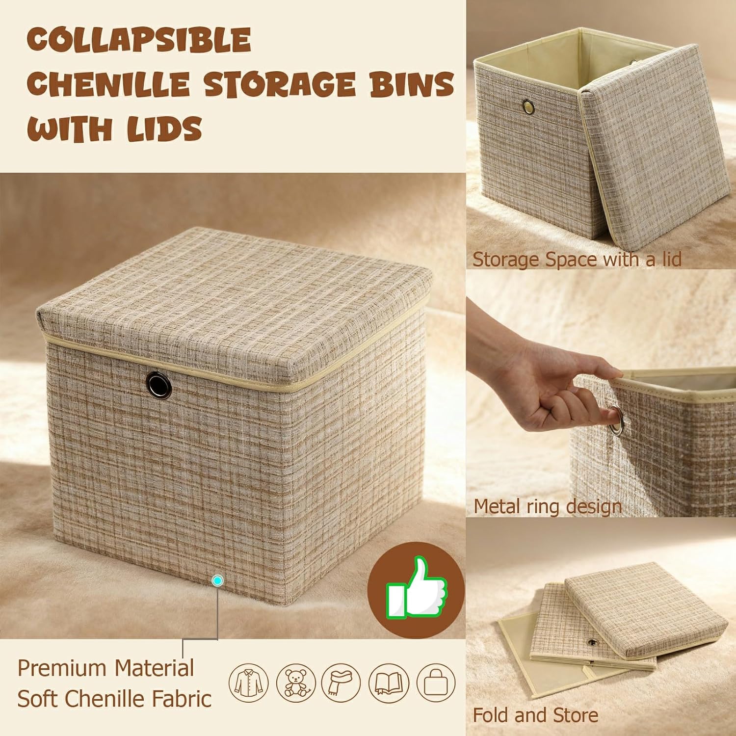 4 Pack Shining Beige Lidded Collapsible Fabric Storage Cubes