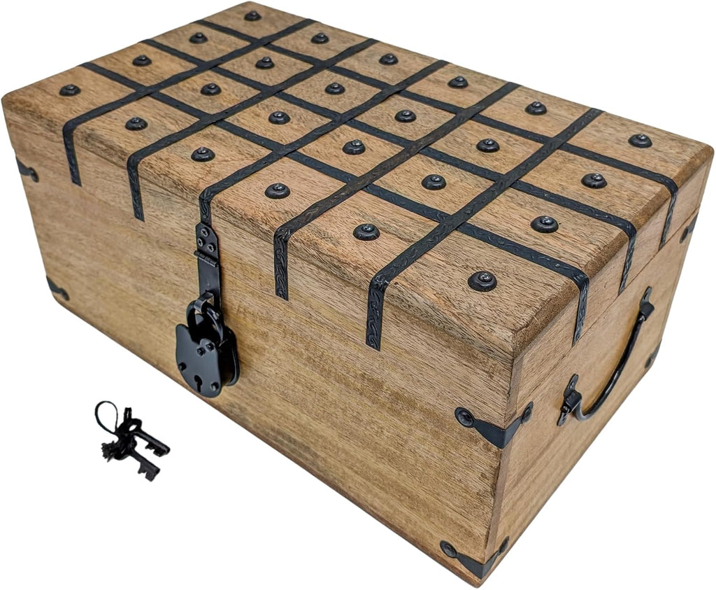 Wooden Rustic Treasure Chest Jewelry Storage Box With Iron Lock & Key