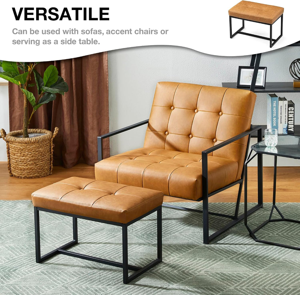 Light Brown PU Leather Metal Frame Vanity Ottoman Stool