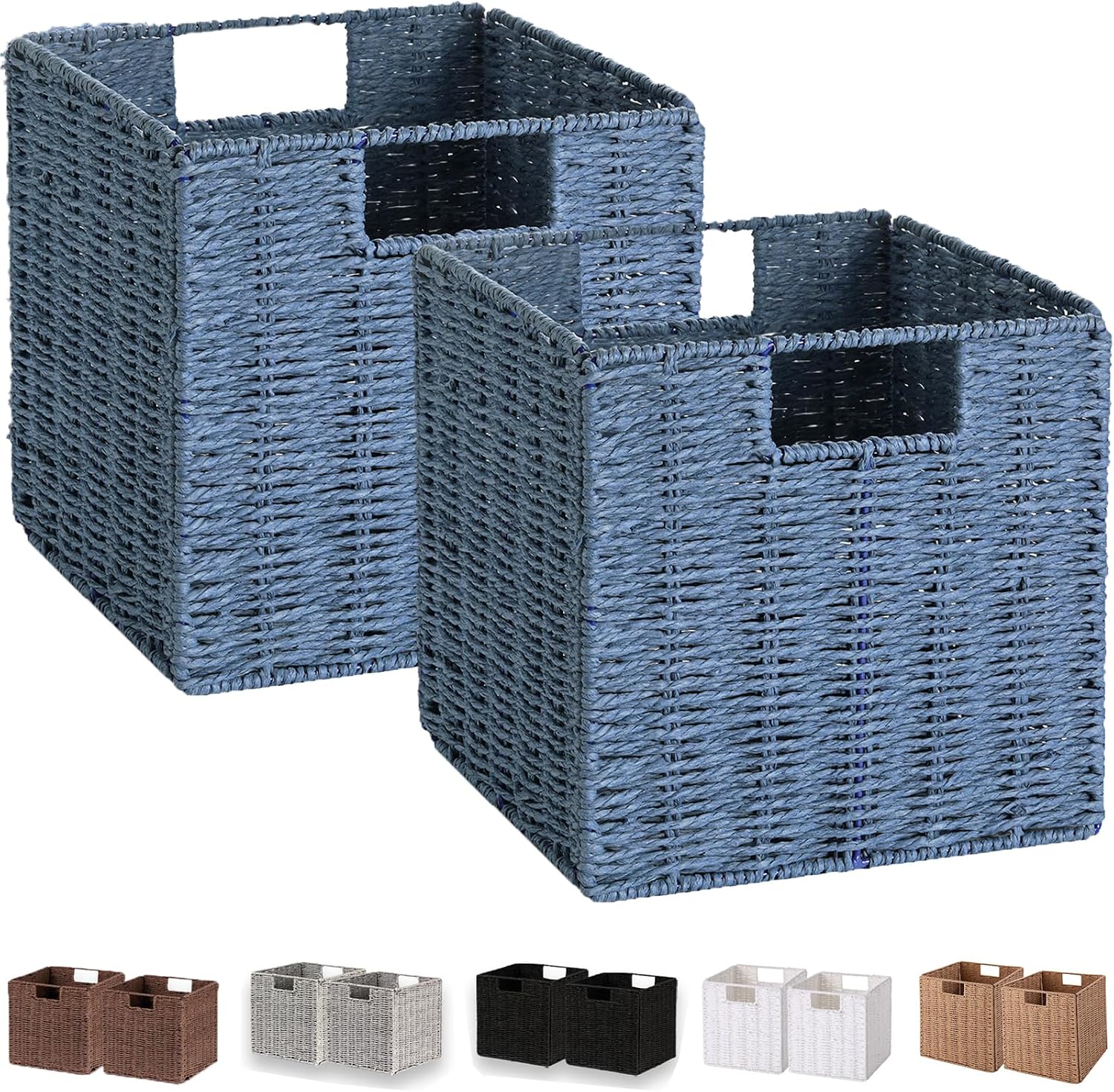 2 Pack Blue Foldable Large Wicker Cube Storage Baskets