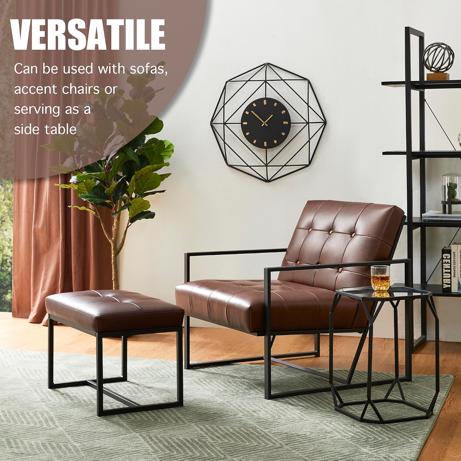 Brown PU Leather Metal Frame Vanity Ottoman Stool